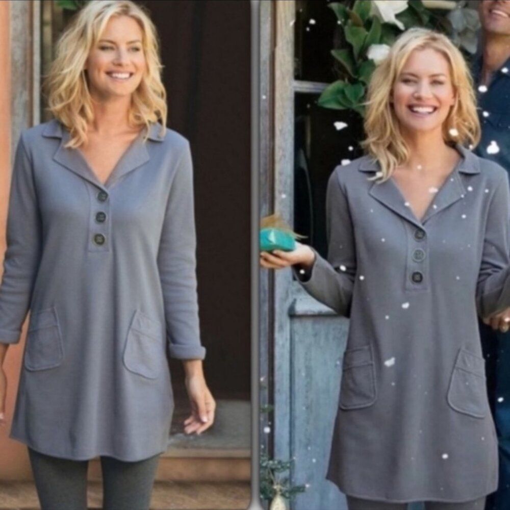 Soft Surroundings Take Two Tunic Top Grey Waffle Thermal Pockets Buttons Size S